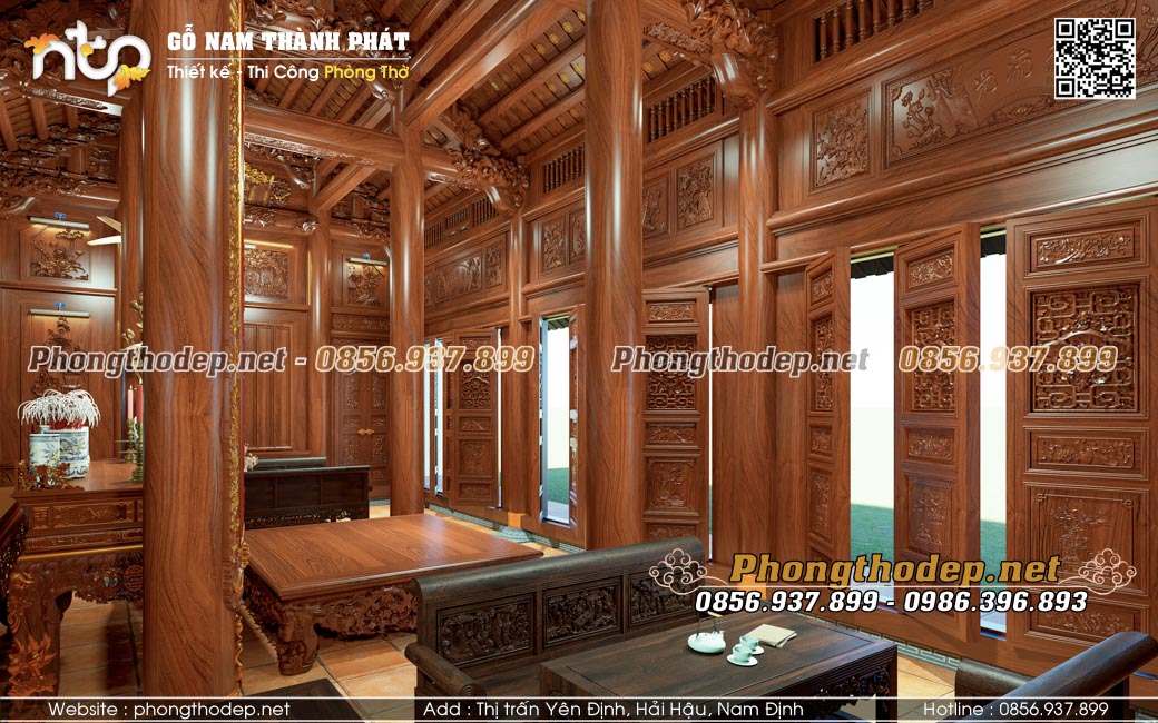 Nhà gỗ 5 gian thông hiên đủ cột vững chãi